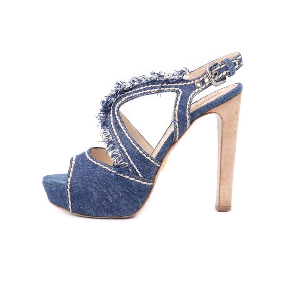 Prada Denim Fringe Heeled Sandals - Picture 3 of 6